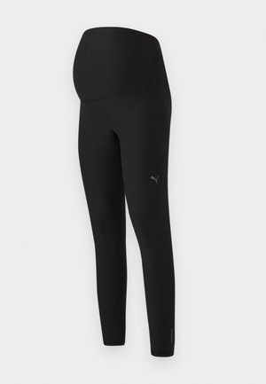 Black maternity leggings made of stretchy fabric, featuring a high waistband for support and a small logo detail on the side.