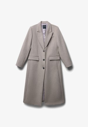 Beige Wollmantel mit tailliertem Design, Reverskragen, fünf Knöpfen und zwei seitlichen Taschen. Glatte Innenfutter und strukturierte Silhouette.