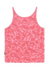 Rosa linne med en texturerad, plyschliknande design med upphöjda mönster. Den har tunna axelband och en slät finish runt halsringningen.