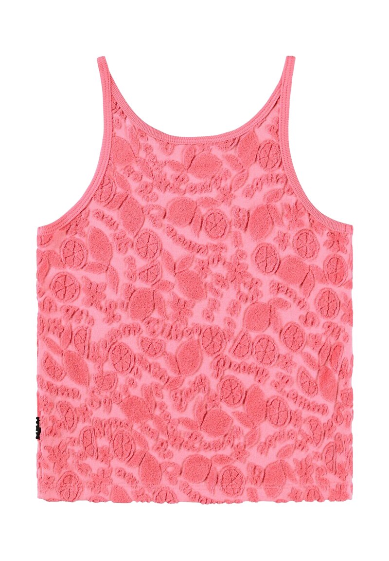 Rosa linne med en texturerad, plyschliknande design med upphöjda mönster. Den har tunna axelband och en slät finish runt halsringningen.