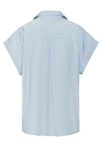 Light blue short-sleeve shirt with vertical white stripes, a collar, and a yoke detail at the back, made from a smooth fabric.