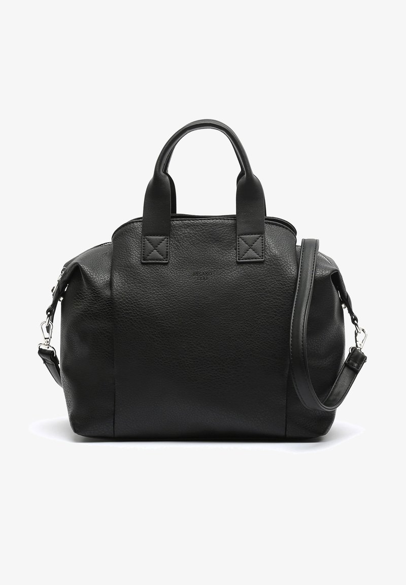 Czarna torebka ze skóry o fakturze z dwoma górnymi uchwytami, regulowanym paskiem na ramię oraz subtelnym logo marki na środku frontu.