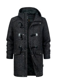 Dunkler Tweedmantel mit Kapuze, Knopfverschluss, zwei Fronttaschen und gesteppter Innenfutter. Die Textur zeigt ein Fischgrätmuster mit kontrastierenden Akzenten.