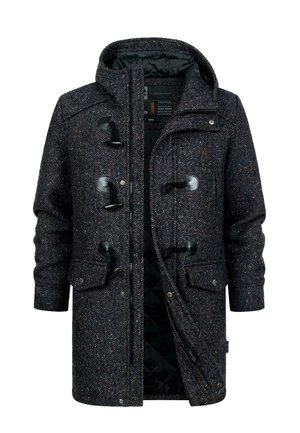 Mörk tweedkappa med huva, knappstängning, två framfickor och ett vadderat foder. Texturen inkluderar ett fiskbensmönster med kontrasterande accenter.
