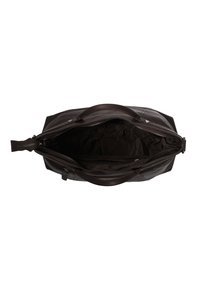 Borsa in pelle marrone con un ampio interno, dotata di chiusura con zip, manici doppi e una finitura liscia. L'interno è foderato in tessuto scuro.