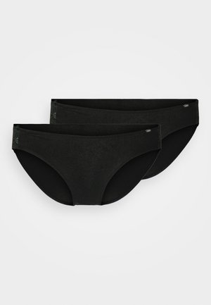 Black cotton blend hipster briefs, featuring a smooth texture, elastic waistband, and subtle logo accents on the side. Two-pack.