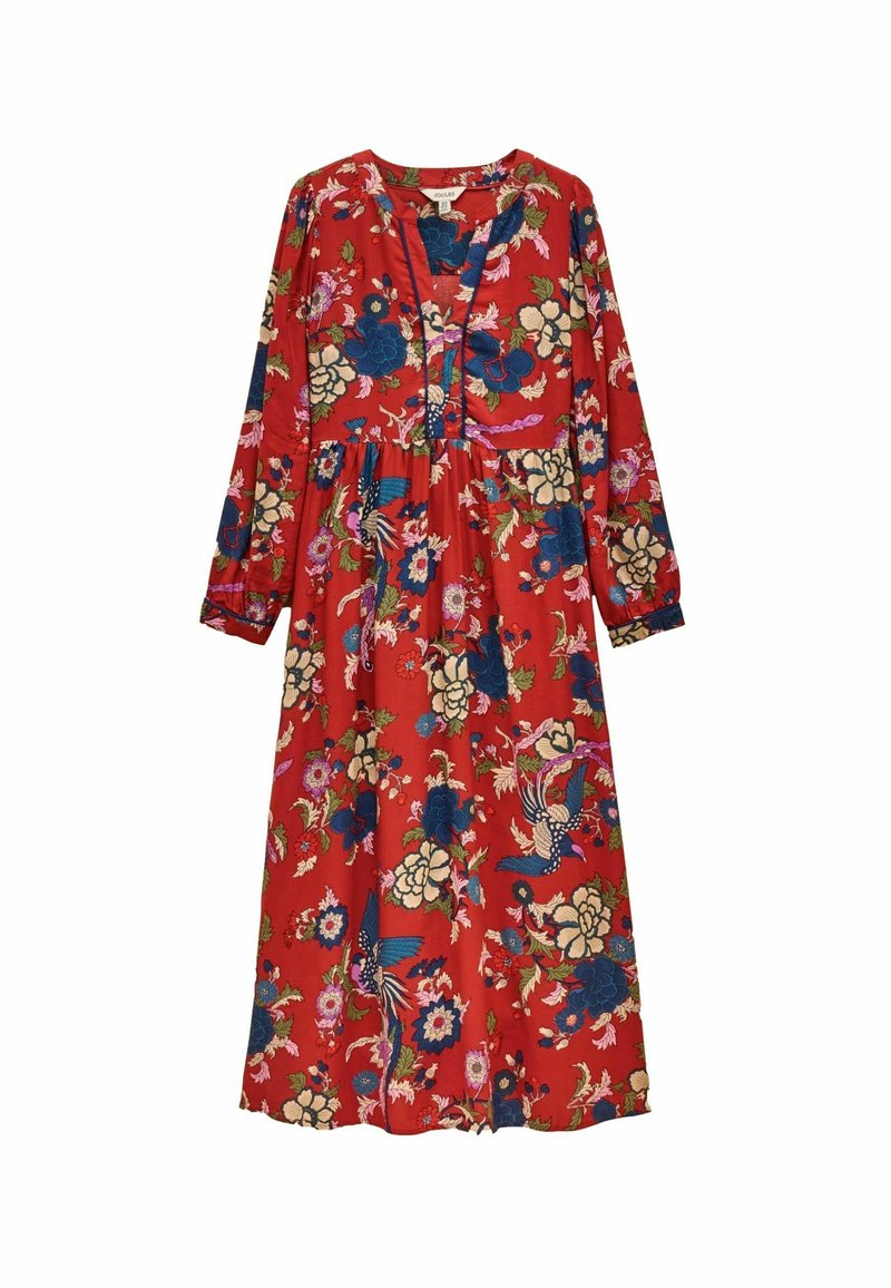 Rotes Blumen Kleid mit langen Ärmeln, mit blauen und rosa Blumenmustern, einem V-Ausschnitt und mittellangem Saum. Weicher Stoff mit lockerer Passform.