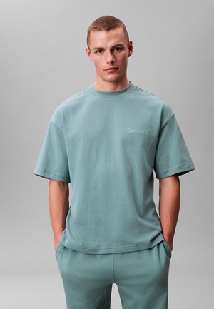 Hellblaues Baumwoll-T-Shirt mit Rundhalsausschnitt und kurzen Ärmeln, mit einem kleinen weißen Calvin Klein Logo auf der Brust.