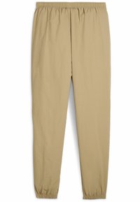 Beige, lichte stofbroek met een elastische tailleband en gathered cuffs bij de enkels, met een zachte textuur en rechttoe-rechtaan pasvorm.