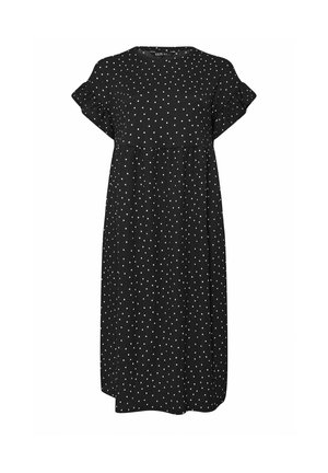 Vestido midi negro con lunares blancos, mangas cortas abullonadas, costura alta en la cintura y escote redondo.