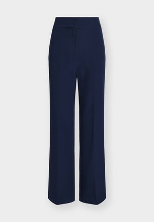 Pantaloni largi, cu talie înaltă, de culoare bleumarin, cu închidere frontală ascunsă și croială adaptată.