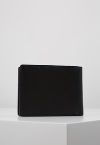 Black leather wallet with textured surface, contrasting blue stitching, and a bi-fold design. No visible hardware or logos.