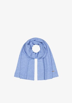 Light blue scarf made of soft fabric, featuring a smooth texture, fringe edges, and a small brand tag attached to one end.