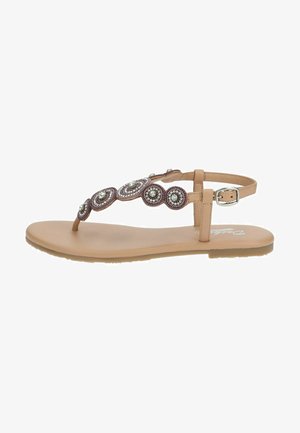 Brune læder flip-flop sandal med cirkulære perleudsmykninger i lilla og sølv, justerbar ankelsnor og flad sål.