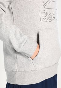 Šedá mikina se klokankou, žebrovanými manžetami a malým logem Reebok na hrudi v jednoduchém černém obrysu. Materiál z bavlněné směsi.