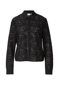 Black lace blouse featuring a button-up front, collar, and long sleeves with a solid black cuff. Intricate swirling pattern throughout the fabric.