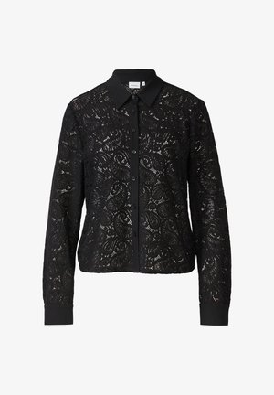 Czarna koronkowa bluzka z zapięciem na guziki, kołnierzykiem i długimi rękawami z jednolitym czarnym mankietem. Złożony wzór wirujący na całej tkaninie.