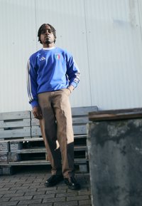 Blå Adidas hettegenser med italiensk flagglogo, brune bukser og svarte sko. Stående posering mot en lys bakgrunn med trepaller.