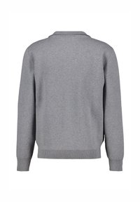 Gray sweater with a ribbed collar and hem, featuring long sleeves and a soft texture, displaying a simple, minimalistic design.