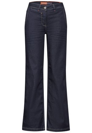 Jeans de mezclilla azul oscuro con un diseño de pierna ancha, estilo de cinco bolsillos y costuras en contraste a lo largo de las costuras para un detalle adicional.