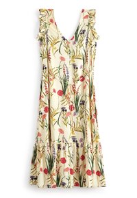 Bloemige jurk met een V-hals, voorzien van gerimpelde bandjes. Crème achtergrond met kleurrijke bloemen en groene bladeren. Gelaagde zoom.