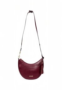 Sac bandoulière en cuir bordeaux de forme croissant, avec des finitions en or et un détail de pampille. Bretelle ajustable pour plus de polyvalence. Logo de la marque visible.