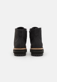 Cizme din suede negru, cu talpă groasă, fermoare laterale și cusături contrastante pe margine. Partea superioară texturată și design cu prindere robustă.