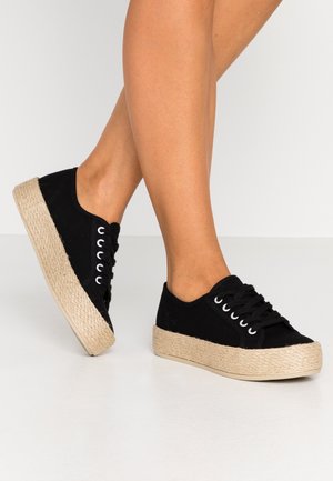 Jambes portant des baskets à plateforme noires à lacets avec des semelles tissées épaisses de couleur beige, posées sur un sol gris clair devant un fond gris uni.