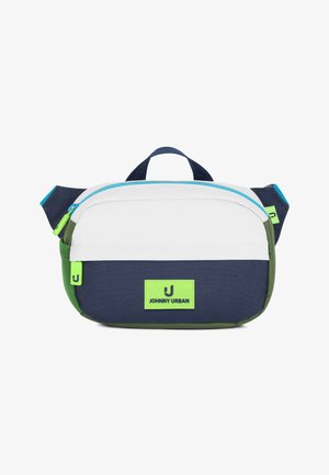 Kleine rechteckige Bauchtasche in Weiß, Marineblau und Grün mit neongrünen Reißverschlussanhängern und "Johnny Urban" Logo-Patch vorne.