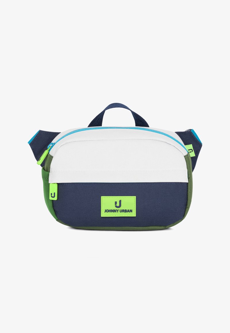 Piccola marsupio rettangolare bianco, blu navy e verde con tiretti delle cerniere verde neon e patch con logo "Johnny Urban" sul davanti.