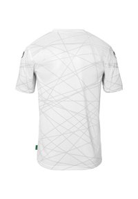 Witte T-shirt met korte mouwen, voorzien van een geometrisch grijs lijnpatroon, ronde hals en een klein groen label aan de onderkant links.