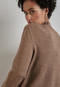Maglione marrone a maglia con un colletto alto, tessuto testurizzato e dettagli a coste al colletto. La schiena del modello è rivolta, mostrando la manica e la spalla.
