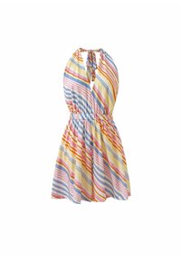 Gestreiftes Neckholder-Kleid mit tiefem V-Ausschnitt, das abwechselnd horizontale Linien in Gelb, Pink, Blau und Orange aufweist; elastischer Bund für eine gute Passform.