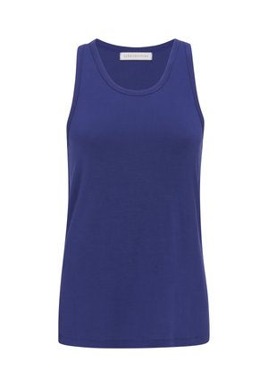 Solides blaues ärmelloses Tanktop mit rundem Ausschnitt und einem kleinen Etikett mit der Aufschrift "cyberjammies" im Inneren des Kragens.