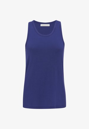 Canotta senza maniche di un blu intenso con scollo tondo e una piccola etichetta con la scritta "cyberjammies" all'interno del colletto.