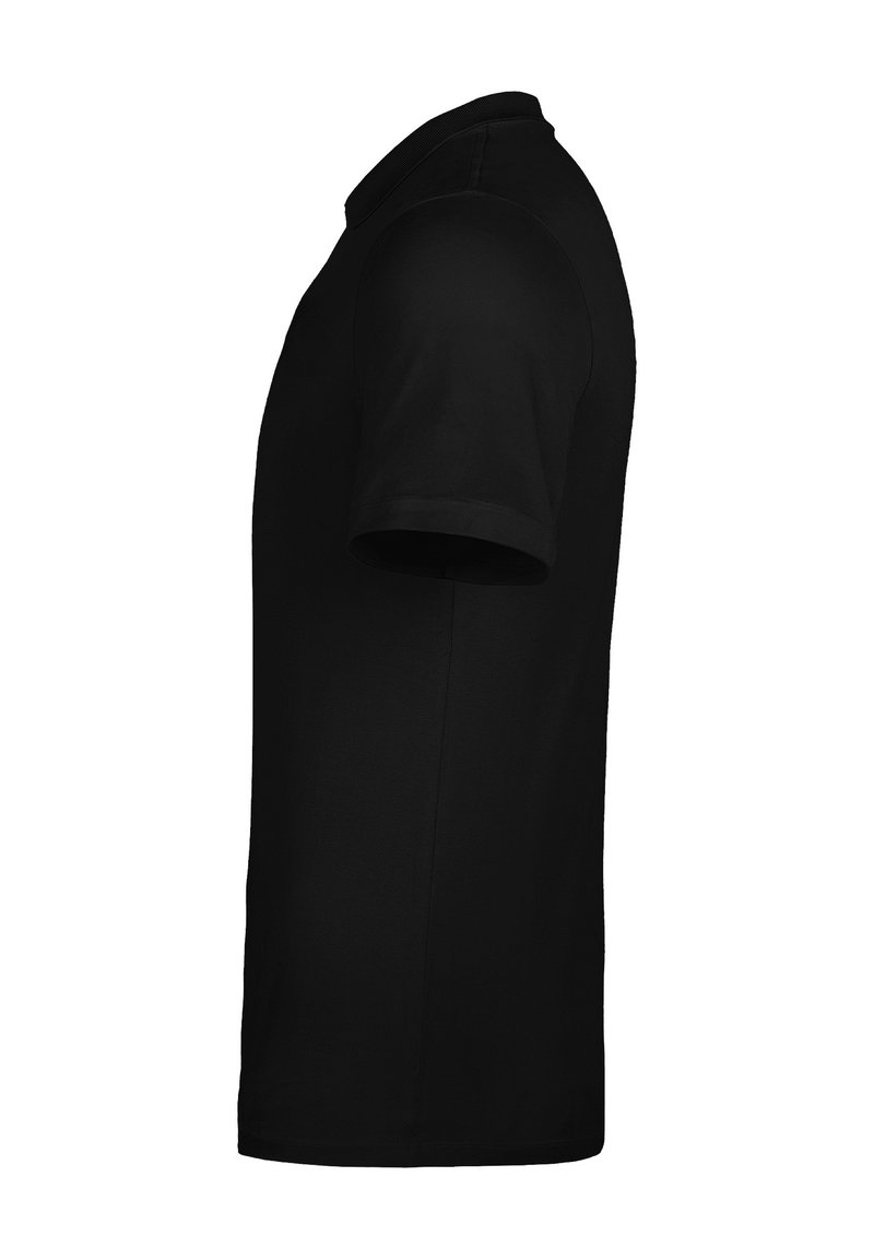 Black short-sleeve polo shirt shown from the side with a ribbed collar and plain design.