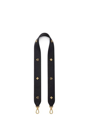 Black leather bag strap with gold-tone clasps and small gold logos evenly spaced along its length.