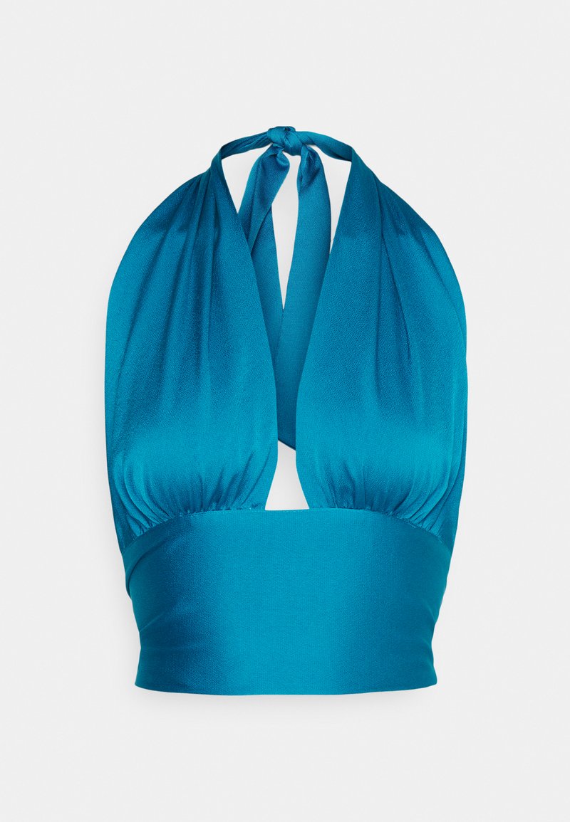 Top cropped verde-água com alças, feito de tecido suave. Apresenta detalhes franzidos e laços no pescoço, criando um design de costas abertas.