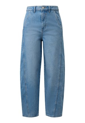 Hellblaue Jeans mit hohem Bund, weitem Bein, vorne Taschen, Gürtelschlaufen und Knopfverschluss.
