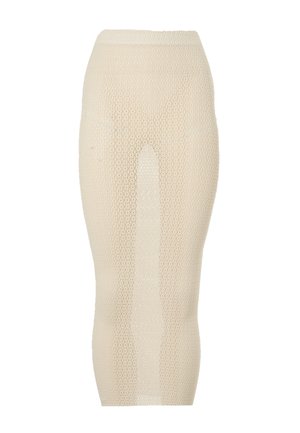 Gonna tubino beige in maglia all'uncinetto con vita alta, caratterizzata da un motivo traforato semi-trasparente e lunghezza fino al polpaccio.