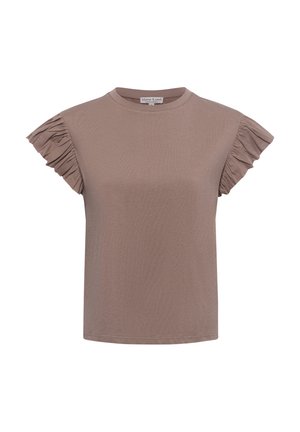 Braunes Kurzarm-T-Shirt mit Rüschensäumen, aus weichem Stoff gefertigt. Runder Ausschnitt und lockere Passform, glatte Textur ohne Muster.