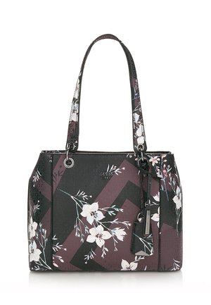 Sac cabas Guess noir et violet foncé avec imprimé floral blanc, doubles anses d'épaule et détail d'étiquette suspendue.