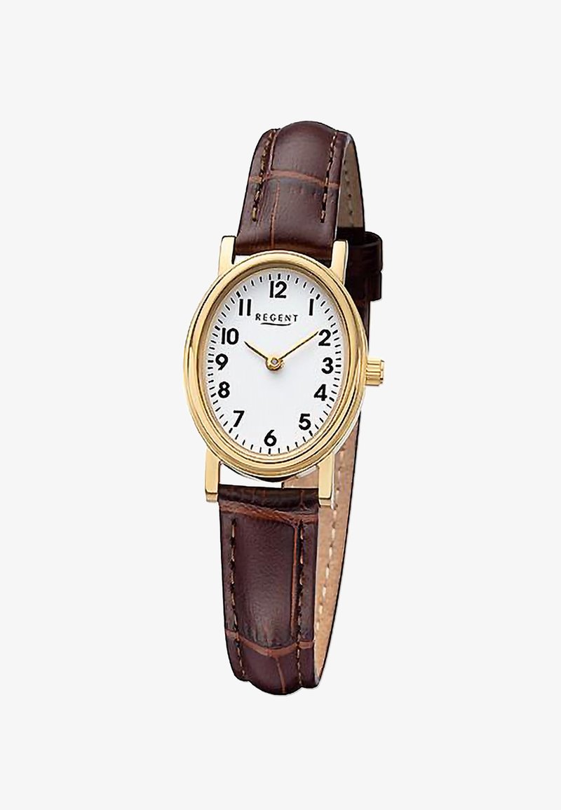 Montre ovale dorée avec un cadran blanc, des chiffres arabes et un bracelet en cuir marron à finition texturée avec fermeture à boucle.