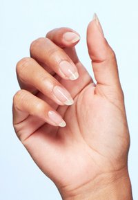 Eine Hand mit sorgfältig manikürten, mandelförmigen Nägeln, die eine klare Basis und natürliche, beige Spitzen aufweisen, vor einem hellen Hintergrund.