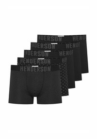 Schwarzes Herren-Boxershorts-Set, bestehend aus vier einfarbigen Paaren und einem mit einem Rautenmuster. Jedes hat einen weichen Bund mit dem "HENDERSON"-Logo.