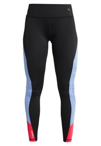 Leggings negros con paneles laterales de un azul claro, acentos rojos y un detalle de logo. Hechos de un material elástico, cuentan con una cintura para mayor comodidad.