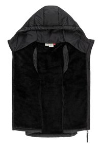 Schwarze isolierte Weste mit Kapuze, gefüttert mit weichem, plüschigem Material. Mit Reißverschluss und seitlichen Taschen; glatte Außenstruktur.
