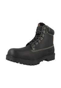 Schwarzer Leder-Arbeitsschuh mit robustem Profil, Metallösen und kontrastierender weißer Naht. Verfügt über einen gepolsterten Kragen und eine strukturierte Zunge.