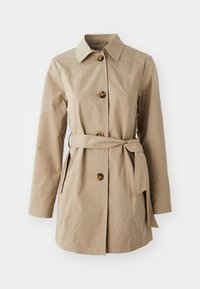 Beżowy płaszcz trencherowy z kołnierzykiem, długimi rękawami, guzikami z przodu i wiązanym paskiem w talii. Gładka faktura z jednolitym wzorem.