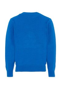 Blauwe gebreide trui, ronde hals, lange mouwen, ribgebreide manchetten en zoom. Zachte textuur met minimale details.